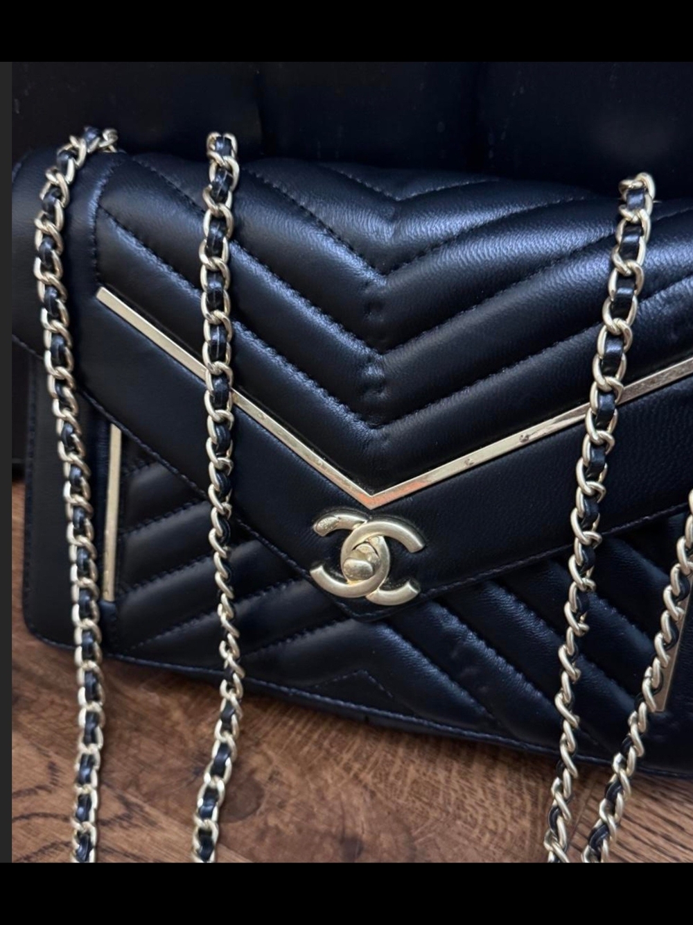 Black Chevron Quilted Shoulder Bag with Gold Hardware and Chain Strap